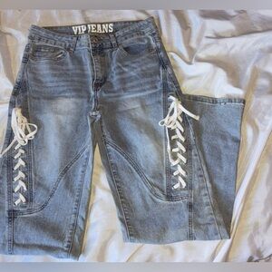 VIP Women's Light Blue Lace-Up Cropped Jeans